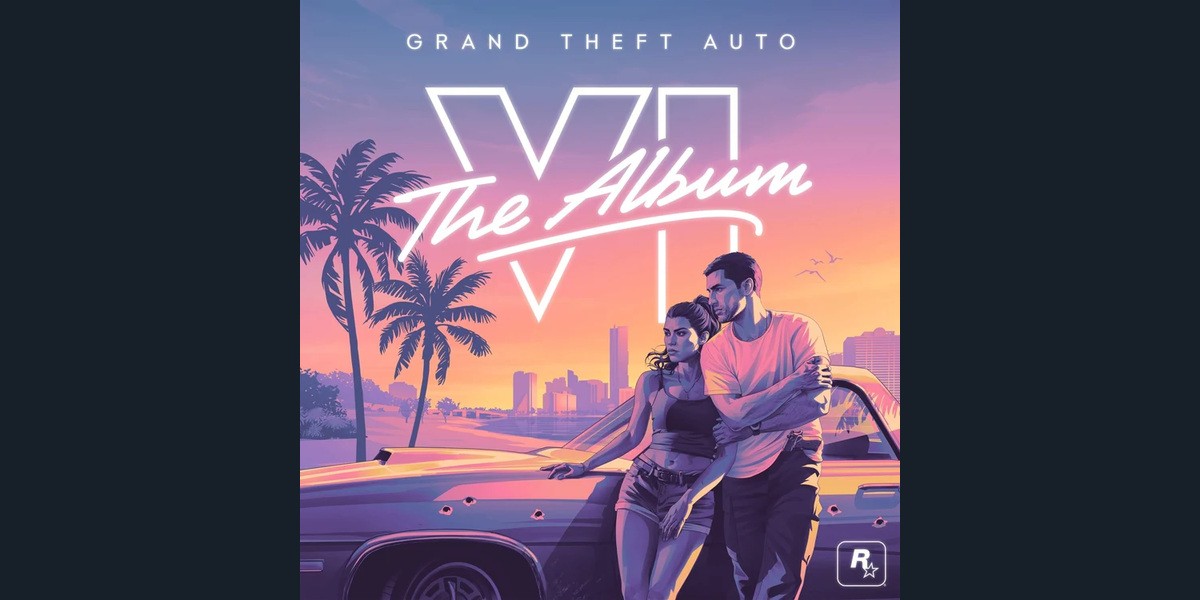 Official Grand Theft Auto VI The Album artwork with its two protagonists beside a car at sunset.
