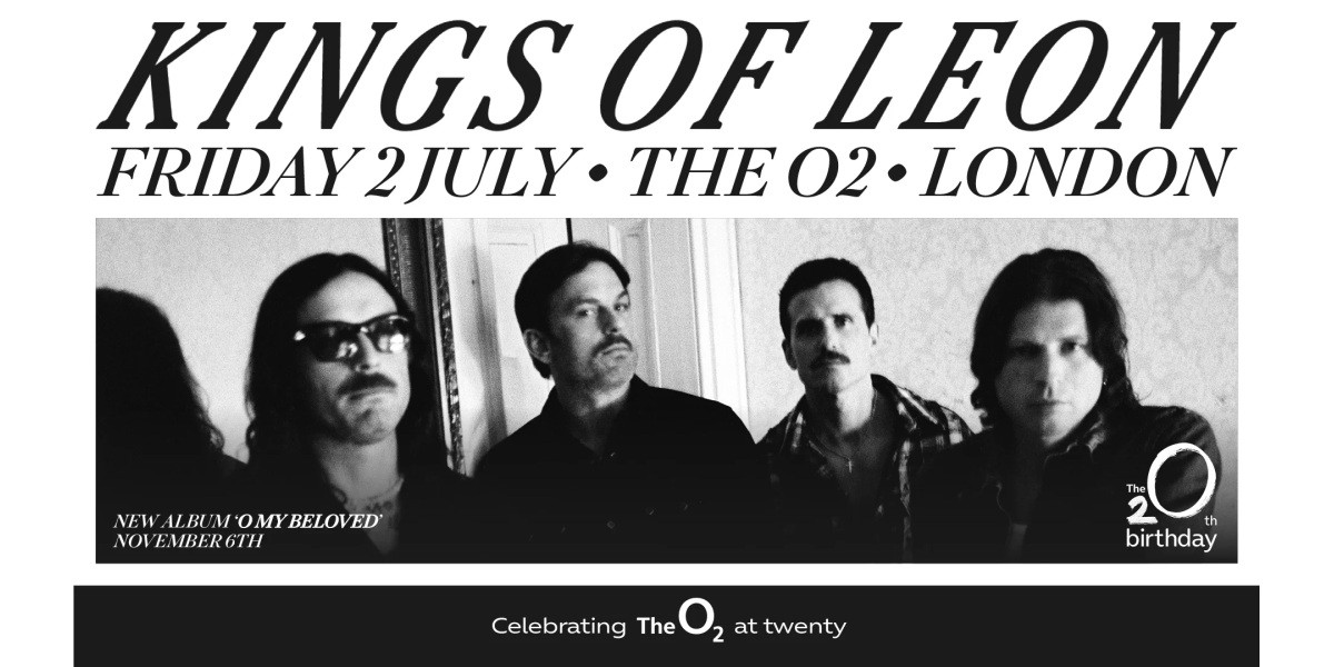 Official Kings of Leon announcement artwork for The O2 concert on July 2, 2027